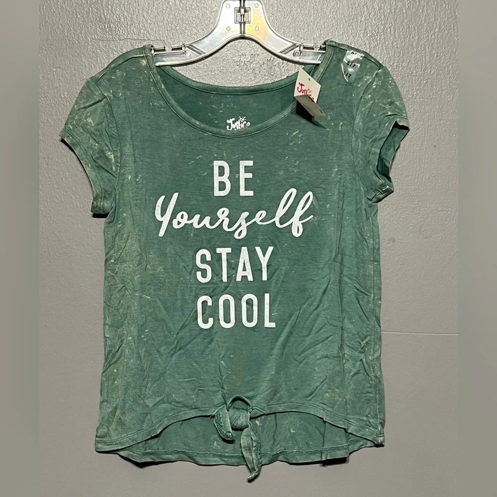 Justice Burnout Positive Tee Olive Tie Front Short Sleeve Crew Neck Shirt 6/7